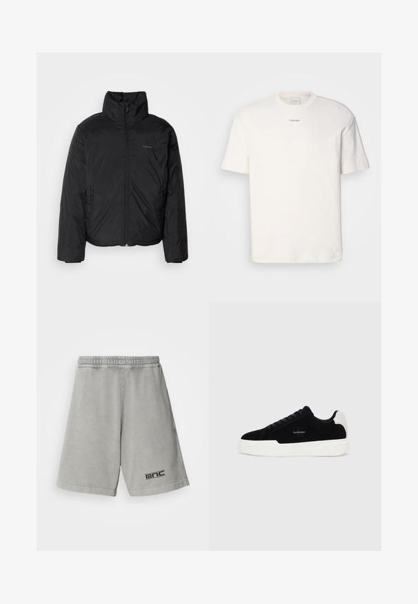 Fekete puffermellény magas gallérral, cipzáros elülső résszel és oldalsó zsebekkel. Simább, fényes textúra, minimális logóval a mellkason.; Fehér pamut póló, kerek nyakkal, rövid ujjakkal és hímezett "Calvin Klein" logóval a mellkas közepén. Egyszerű design.; Világosszürke pamut rövidnadrág, elasztikus derékkal, fekete logóval a bal alsó oldalon és sima, egyszínű textúrával.; Fekete alacsony szárú sneaker fehér talppal és saroktabbal, fűzős elülső résszel és Calvin Klein logóval az oldalon.