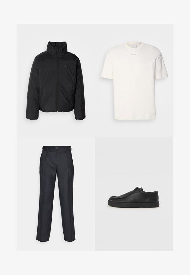 Black puffer jacket with a high collar, zipper front, and side pockets. Smooth, shiny texture with a minimal logo on the chest.; White cotton T-shirt featuring a round neck, short sleeves, and embroidered "Calvin Klein" logo at the chest center. Plain design.; Dark blue tailored trousers with pleats, made from smooth fabric. Features a button closure and belt loops. Clean, straight-leg design.; Black leather slip-on shoe with a rounded toe, stitched detailing, and black rubber sole. Smooth texture with minimalistic design.