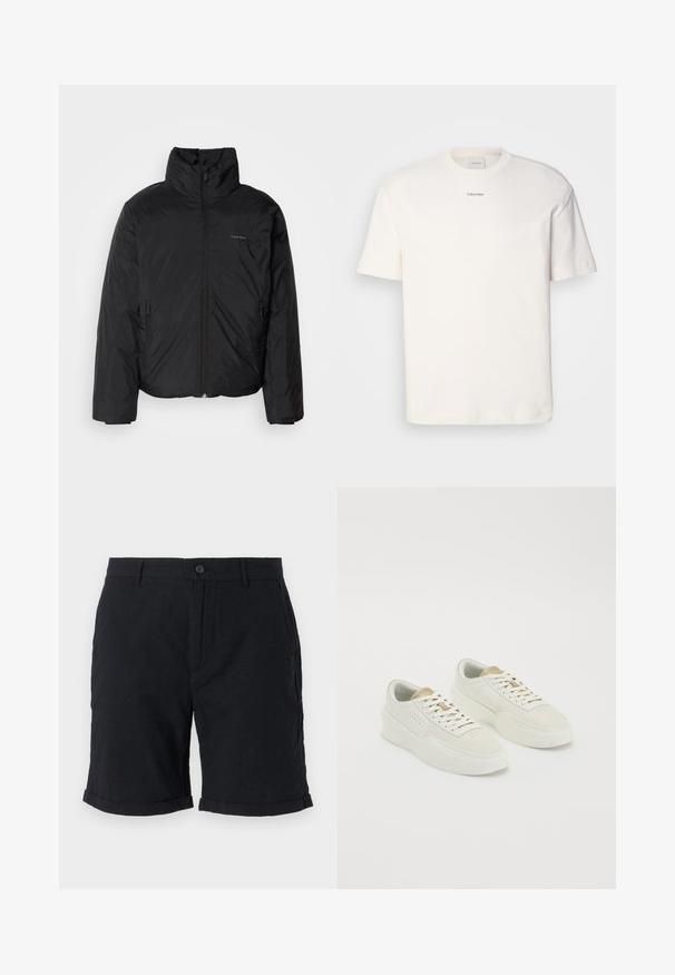 Fekete puffermellény magas gallérral, cipzáros elülső résszel és oldalsó zsebekkel. Simább, fényes textúra, minimális logóval a mellkason.; Fehér pamut póló, kerek nyakkal, rövid ujjakkal és hímezett "Calvin Klein" logóval a mellkas közepén. Egyszerű design.; Fekete len rövidnadrág gombos záródással, feltekert szegéllyel és oldalsó zsebekkel, texturált felülettel és laza dizájnnal.; Két sárgásfehér alacsony szárú sportcipő bézs kiegészítőkkel, vastag talppal és fehér fűzőkkel, sima fehér háttéren.