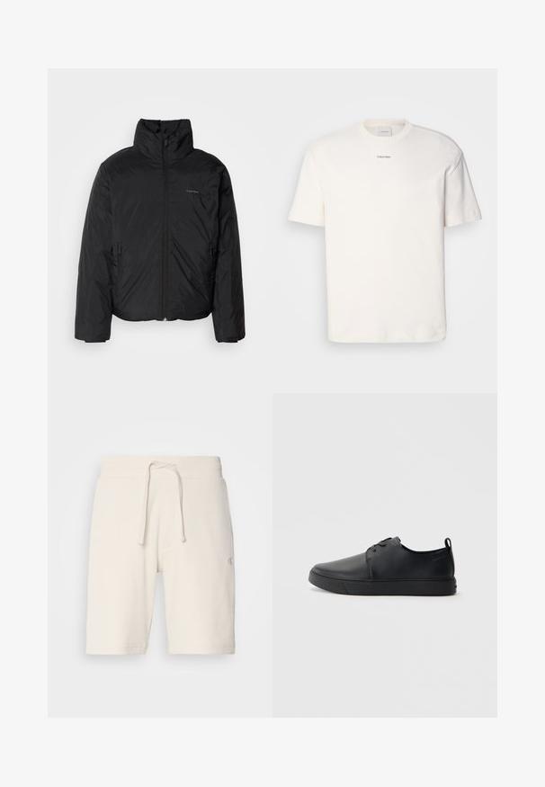 Fekete puffermellény magas gallérral, cipzáros elülső résszel és oldalsó zsebekkel. Simább, fényes textúra, minimális logóval a mellkason.; Fehér pamut póló, kerek nyakkal, rövid ujjakkal és hímezett "Calvin Klein" logóval a mellkas közepén. Egyszerű design.; Fehér, texturált, bordázott anyagból készült rövidnadrág, elasztikus derékrésszel és zsinórral, valamint oldalsó zsebekkel. Diszkrét márkajelzés a lábszáron.; Fekete bőr sportcipő sima felülettel, lekerekített orral, azonos színű varrással, fűzős elülső résszel és lapos gumitalppal. Hurok a sarkán.