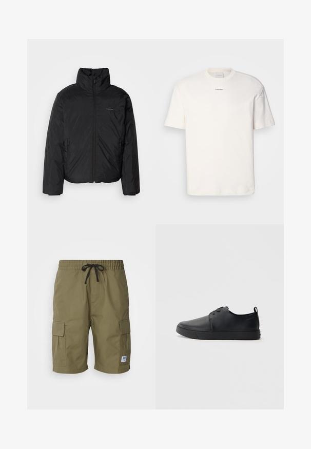 Svart pufferjakke med høy krage, glidelås foran og sidelommer. Glatt, blank tekstur med en minimal logo på brystet.; Hvit bomulls T-skjorte med rund hals, korte ermer og brodert "Calvin Klein" logo i midten av brystet. Enkel design.; Olivenfargede cargo-shorts laget av lett stoff, med elastisk midjebånd og snor, samt sidelommer.; Svart lær sneakers med glatt overflate, rund tå, tonede sømmer, snøring foran og flat gummisåle. Løkke på hælen.