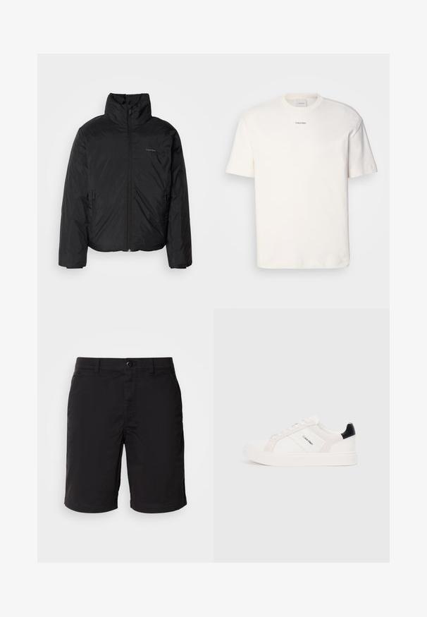 Juoda pūkinė striukė su aukštu apykakle, užtrauktuku priekyje ir šoninėmis kišenėmis. Lygus, blizgus paviršius su minimaliu logotipu ant krūtinės.; Balta medvilninė marškinėlių suapvalintu kaklu, trumpomis rankovėmis ir siuvinėtu "Calvin Klein" logotipu krūtinės centre. Paprastas dizainas.; Juodi šortai, pagaminti iš lengvos medžiagos, su mygtuko uždarymu, standartiniu liemeniu ir tiesiu kirpimu. Be raštų ar matomų akcentų.; Baltai sportbačiai su šviesiai rožiniais ir juodais akcentais, turintys lygaus odos ir zomšo panelius, apvalią noselę ir plokščią gumos padą.