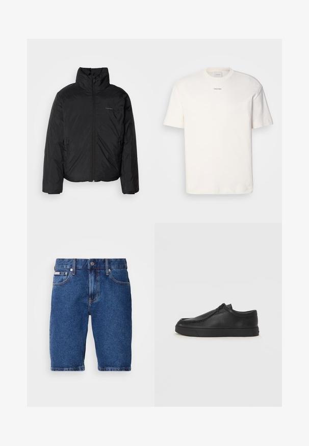 Fekete puffermellény magas gallérral, cipzáros elülső résszel és oldalsó zsebekkel. Simább, fényes textúra, minimális logóval a mellkason.; Fehér pamut póló, kerek nyakkal, rövid ujjakkal és hímezett "Calvin Klein" logóval a mellkas közepén. Egyszerű design.; Sötétkék farmer sort, klasszikus öt zsebes dizájnnal, látható varrásokkal és egyenes szabással, térd hosszig.; Fekete bőr slip-on cipő lekerekített orral, varrott részletekkel és fekete gumitalppal. Simaság és minimalista dizájn jellemzi.