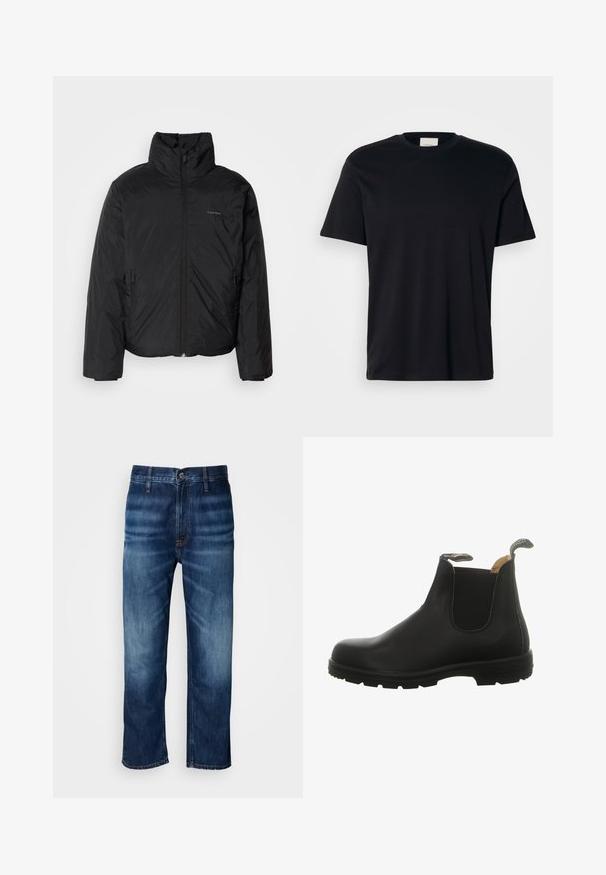 Melnā pūkainā jaka ar augstu apkakli, ar rāvējslēdzēju priekšpusē un sānu kabatām. Gluda, spīdīga tekstūra ar minimālu logotipu uz krūtīm.; Vienkārša melna T-kreklu ar īsām piedurknēm un apaļu kaklu, sakārtota uz baltas fona.; Tumši zilie taisnās kājas džinsi ar vieglu izbalēšanu uz augšstilbiem un pogu aizdari jostasvietā, attēloti uz baltā fona.; Melnas ādas Čelsijas zābaki ar elastīgām sānu daļām, noapaļotu purngalu un izturīgu gumijas zoli ar papēdi atvilkšanas cilpiņu, kas nodrošina vieglu uzvilkšanu.