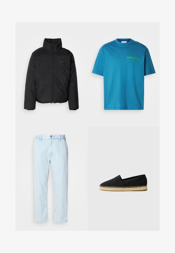 Zwarte pufferjack met een hoge kraag, rits aan de voorkant en zijzakken. Gladde, glanzende textuur met een minimalistisch logo op de borst.; Turquoise katoenen t-shirt, ronde halslijn, korte mouwen, met een groene "calvin klein" logo gedrukt op de voorkant. Gladde textuur.; Lichtblauwe rechte jeans met riemlus en knoopsluiting, plat weergegeven op een witte achtergrond.; Zwarte canvas espadrille met een ronde neus, voorzien van een geweven jute zool en stikdetails langs de rand van de zool.