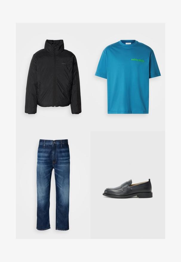 Chaqueta acolchada negra con cuello alto, cierre frontal y bolsillos laterales. Textura lisa y brillante con un logo minimalista en el pecho.; Camiseta de algodón turquesa, con cuello redondo, mangas cortas, que presenta un logo verde de "calvin klein" impreso en la parte frontal. Textura suave.; Jeans de mezclilla rectos de color azul oscuro con un leve desvanecimiento en los muslos y un cierre de botón en la cintura, exhibidos sobre un fondo blanco.; Mocasines de cuero negro con un acabado suave, suela plana y punta redonda con una correa decorativa a lo largo del zapato.