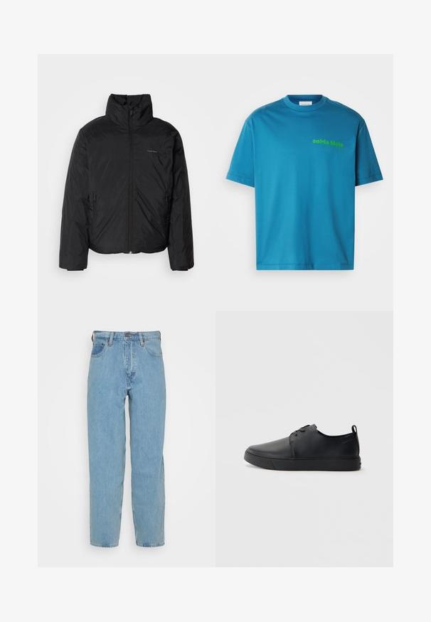 Casaco puffer preto com colarinho alto, fecho de correr na frente e bolsos laterais. Textura suave e brilhante com um logótipo minimalista no peito.; T-shirt de algodão turquesa, com decote redondo, mangas curtas, apresentando um logo verde "calvin klein" estampado na frente. Textura suave.; Jeans de denim azul claro com corte reto, cinco bolsos, passantes para cinto e fecho de botão de latão. Textura suave com mínima descoloração.; Sapatilha de couro preta com um acabamento liso, bico arredondado, costura ton sur ton, frente com atacadores e sola plana de borracha. Alça no calcanhar.