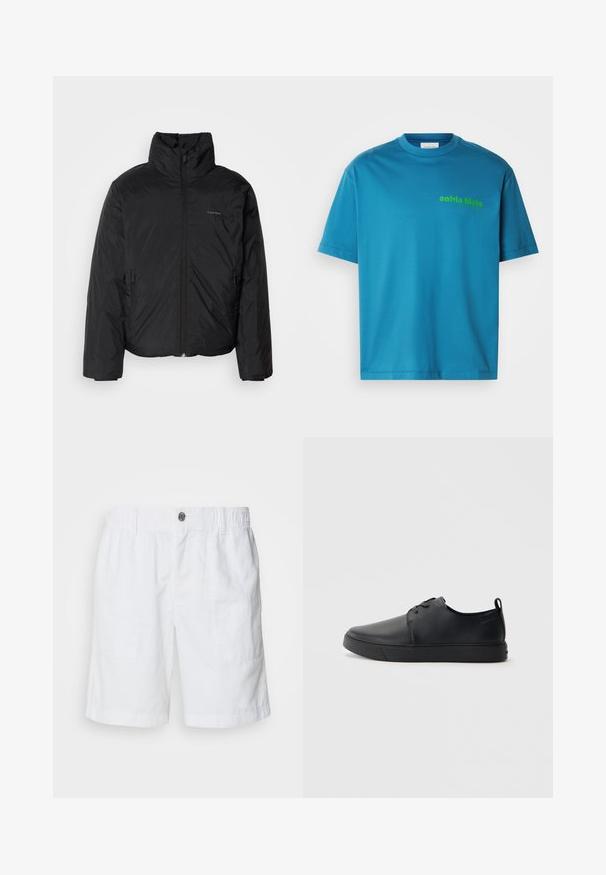 Casaco puffer preto com colarinho alto, fecho de correr na frente e bolsos laterais. Textura suave e brilhante com um logótipo minimalista no peito.; T-shirt de algodão turquesa, com decote redondo, mangas curtas, apresentando um logo verde "calvin klein" estampado na frente. Textura suave.; Calções brancos de linho com uma cintura elástica e um botão de metal. Apresenta dois bolsos laterais e um design de ajuste descontraído.; Sapatilha de couro preta com um acabamento liso, bico arredondado, costura ton sur ton, frente com atacadores e sola plana de borracha. Alça no calcanhar.