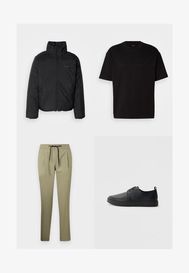 Svart pufferjakke med høy krage, glidelås foran og sidelommer. Glatt, blank tekstur med en minimal logo på brystet.; Svart bomull t-skjorte med korte ermer, med en preget "Calvin Klein"-logo på forsiden, rund hals og en avslappet passform.; Khaki bukser i et glat stof med en afslappet pasform, der har en elastisk talje og snøre. Lige ben-design med sideliv.; Svart lær sneakers med glatt overflate, rund tå, tonede sømmer, snøring foran og flat gummisåle. Løkke på hælen.
