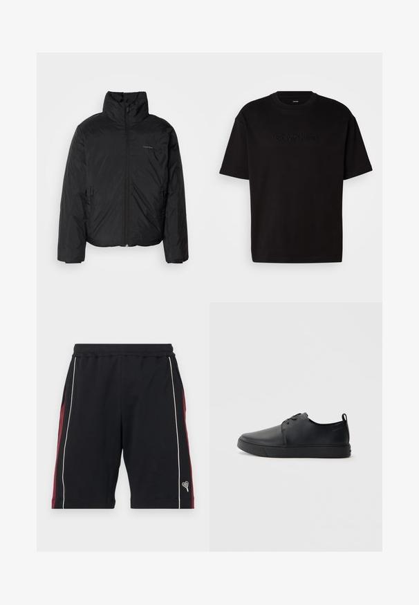 Melnā pūkainā jaka ar augstu apkakli, ar rāvējslēdzēju priekšpusē un sānu kabatām. Gluda, spīdīga tekstūra ar minimālu logotipu uz krūtīm.; Melnas kokvilnas t-krekls ar īsām piedurknēm, priekšpusē ar reljefu "Calvin Klein" logotipu, apaļš kakla izgriezums un brīvs piegriezums.; Melnas šortas no mīkstas auduma, ar bordo sānu paneļiem, baltu apdari un mazu sirds logotipu apakšmalā. Elastīga jostasvieta ērtībai.; Melnas ādas kedas ar gludu apdari, noapaļota purngala, tonāla šuvēm, auklu fronti un plakanu gumijas zoli. Cilpa pie papēža.