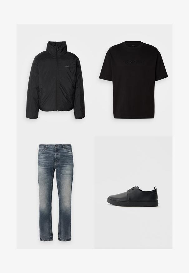 Black puffer jacket with a high collar, zipper front, and side pockets. Smooth, shiny texture with a minimal logo on the chest.; Black cotton t-shirt with short sleeves, featuring an embossed "Calvin Klein" logo on the front, round neckline, and a relaxed fit.; Blue denim jeans with a straight-leg cut. Light faded areas, classic five-pocket design, and a single metal button closure at the waist.; Black leather sneaker with a smooth finish, rounded toe, tonal stitching, lace-up front, and a flat rubber sole. Loop at the heel.