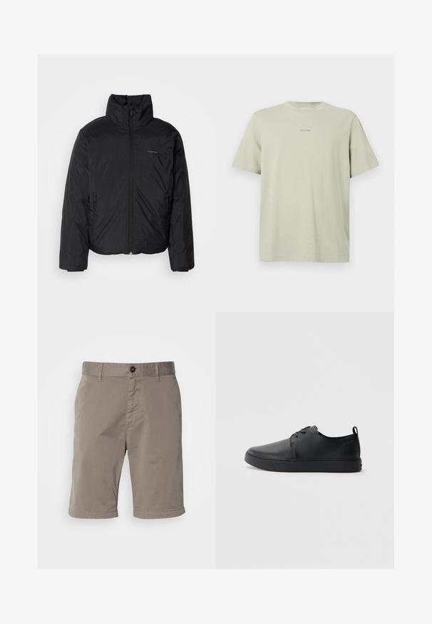 Crna puf jakna s visokim ovratnikom, patentnim zatvaračem sprijeda i bočnim džepovima. Glatka, sjajna tekstura s minimalnim logotipom na prsima.; Svijetlozelena pamučna majica s okruglim vratom, kratkim rukavima i malim Calvin Klein logom tamnije nijanse otisnutim na prsima.; Muške kratke hlače svijetlosive boje, izrađene od pamučnog materijala. Imaju zatvaranje na dugme, petlje za remen i glatku teksturu.; Crne kožne tenisice s glatkom površinom, zaobljenim vrhom, tonom prošivanja, vezanjem sprijeda i ravnim gumenim potplatom. Oko pete se nalazi učka.