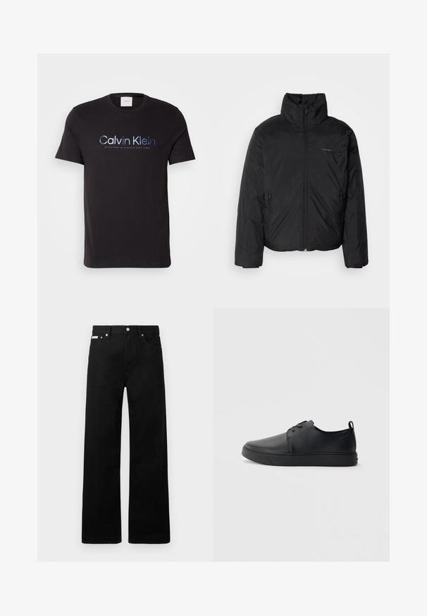 Crna puf jakna s visokim ovratnikom, patentnim zatvaračem sprijeda i bočnim džepovima. Glatka, sjajna tekstura s minimalnim logotipom na prsima.; Crna pamučna majica s kratkim rukavima i okruglim izrezom. Na prednjoj strani prikazan je logo "Calvin Klein" u sjajnom plavom i srebrnom tekstu.; Crne traperice širokog kroja, s pet džepova i metalnim dugmadi. Glatka tekstura, bez vidljivih uzoraka.; Crne kožne tenisice s glatkom površinom, zaobljenim vrhom, tonom prošivanja, vezanjem sprijeda i ravnim gumenim potplatom. Oko pete se nalazi učka.