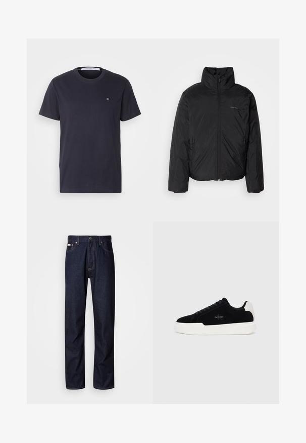 Casaco puffer preto com colarinho alto, fecho de correr na frente e bolsos laterais. Textura suave e brilhante com um logótipo minimalista no peito.; Calvin Klein Jeans EMBRO BADGE - T-shirt básica - night sky; Jeans de denim azul-escuro com um design de perna reta, apresentando um fecho de botão, cinco bolsos e detalhes de costura em contraste.; Sapatilha preta de cano baixo com sola e aba do calcanhar brancas, com atacadores à frente e logotipo da Calvin Klein na lateral.