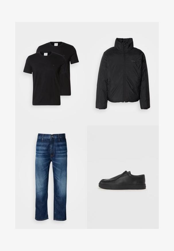 Black puffer jacket with a high collar, zipper front, and side pockets. Smooth, shiny texture with a minimal logo on the chest.; Black cotton t-shirts with crew necks and short sleeves. Features small logo on the chest. Supplied as a pack of two.; Dark blue straight-leg denim jeans with subtle fading on thighs and a button closure at the waistband, displayed on a white background.; Black leather slip-on shoe with a rounded toe, stitched detailing, and black rubber sole. Smooth texture with minimalistic design.