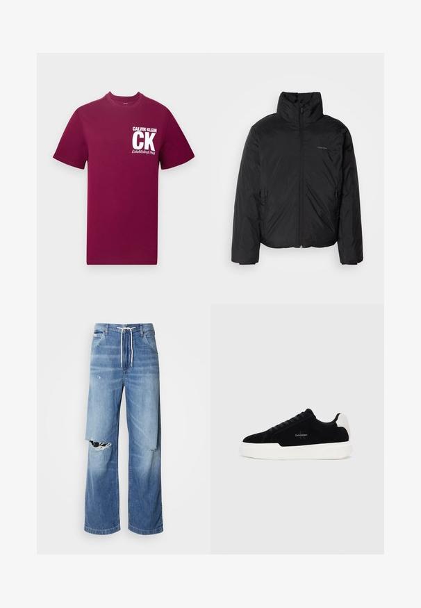 Melnā pūkainā jaka ar augstu apkakli, ar rāvējslēdzēju priekšpusē un sānu kabatām. Gluda, spīdīga tekstūra ar minimālu logotipu uz krūtīm.; Bordo kokvilnas T-krekls ar apaļu kakla izgriezumu. Uz krūtīm ir uzdrukāts balts teksts: "CALVIN KLEIN CK Established 1968".; Gai zils džinsu bikses ar brīvu piegriezumu, ar baltu auklu viduklī un izteiktām plīsumiem priekšā, parādot saplēstas malas.; Melni zema profila sporta apavi ar baltu zoli un papēdi, ar šņorēm priekšpusē un Calvin Klein logo sānos.