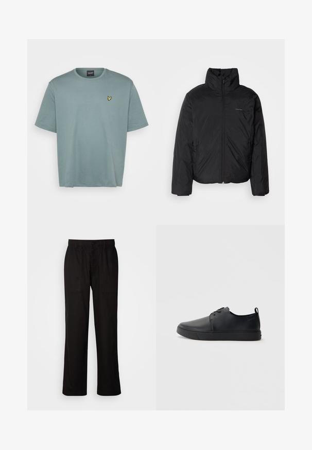 Svart pufferjakke med høy krage, glidelås foran og sidelommer. Glatt, blank tekstur med en minimal logo på brystet.; Lys grønn kortermet t-skjorte laget av bomull. Har rund hals og en liten gul brodert logo på venstre bryst.; Svart bukser med avslappet passform, laget av lett stoff. Har elastisk midjebånd, knapplukking og to frontlommer.; Svart lær sneakers med glatt overflate, rund tå, tonede sømmer, snøring foran og flat gummisåle. Løkke på hælen.