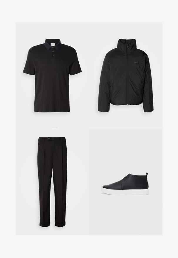 Μαύρο μπουφάν puffer με ψηλό γιακά, φερμουάρ μπροστά και πλευρικές τσέπες. Λείο, γυαλιστερό υλικό με μίνιμαλ λογότυπο στο στήθος.; Μαύρο πόλο μπλουζάκι από βαμβάκι, με κλασικό γιακά, τριπλή κουμπότρυπα, κοντά μανίκια και διακριτική λεπτομέρεια λογότυπου μπροστά.; Μαύρο παντελόνι με λεία υφή, με ίσια γραμμή, δύο μπροστινές τσέπες και κλείσιμο με ένα μόνο κουμπί στη μέση.; Μαύρα δερμάτινα ψηλά αθλητικά παπούτσια με λείο φινίρισμα, λευκή καουτσούκ σόλα και απλό σχέδιο με κορδόνια. Διαθέτουν θηλιά στην πλάτη.