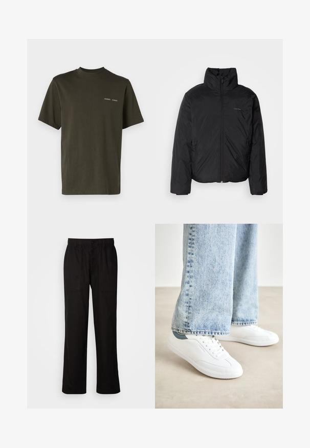 Svart pufferjakke med høy krage, glidelås foran og sidelommer. Glatt, blank tekstur med en minimal logo på brystet.; Mørkegrønn bomulls T-skjorte med korte ermer, rund hals og subtilt hvitt "SAMSØE"-logo trykket på brystet. Glatt tekstur.; Svart bukser med avslappet passform, laget av lett stoff. Har elastisk midjebånd, knapplukking og to frontlommer.; Hvite sneakers med glatt materiale, snøring, teksturert gummisåle, og en teal akcent ved hælen, kombinert med lyseblå jeans.