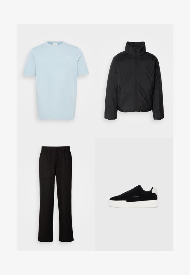 Chaqueta acolchada negra con cuello alto, cierre frontal y bolsillos laterales. Textura lisa y brillante con un logo minimalista en el pecho.; Camiseta de algodón azul claro con mangas cortas, cuello redondo y un pequeño logo blanco de "Calvin Klein" en el lado izquierdo del pecho. Textura suave.; Pantalones negros con un ajuste relajado, hechos de una tela ligera. Presentan una cintura elástica, cierre de botón y dos bolsillos frontales.; Zapatilla negra de corte bajo con suela blanca y tab de talón, parte delantera con cordones y logo de Calvin Klein en el lateral.