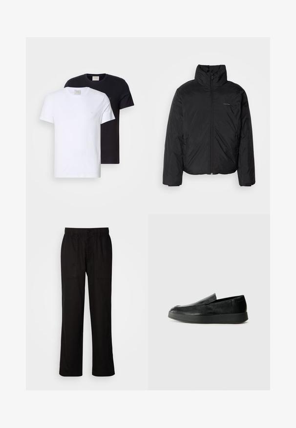 Svart puffjacka med hög krage, dragkedja framtill och sidofickor. Slät, glänsande textur med en minimal logotyp på bröstet.; Två crew-neck t-shirts, en vit och en svart, tillverkade av mjuk bomull. Båda har en enkel design och en liten logotyp på bröstet.; Svarta byxor med en avslappnad passform, tillverkade av lättviktig tyg. Har en elastisk midja, knappstängning och två framfickor.; Calvin Klein HYBRID CUP - Slip-ins - triple black