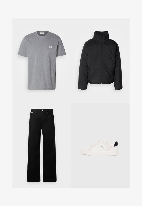 Fekete puffermellény magas gallérral, cipzáros elülső résszel és oldalsó zsebekkel. Simább, fényes textúra, minimális logóval a mellkason.; Szürke póló, pamut keverék anyagból készült, vállig érő kivágással, rövid ujjakkal és egy kicsi CK logóval a bal mellrészen.; Fekete farmernadrág széles szabással, öt zsebbel és fém gombos díszítéssel. Sima felület, látható minták nélkül.; Fehér sportcipők világos rózsaszín és fekete részletekkel, sima bőrből és velúrból készült panelek, kerek orr és lapos gumitalp.