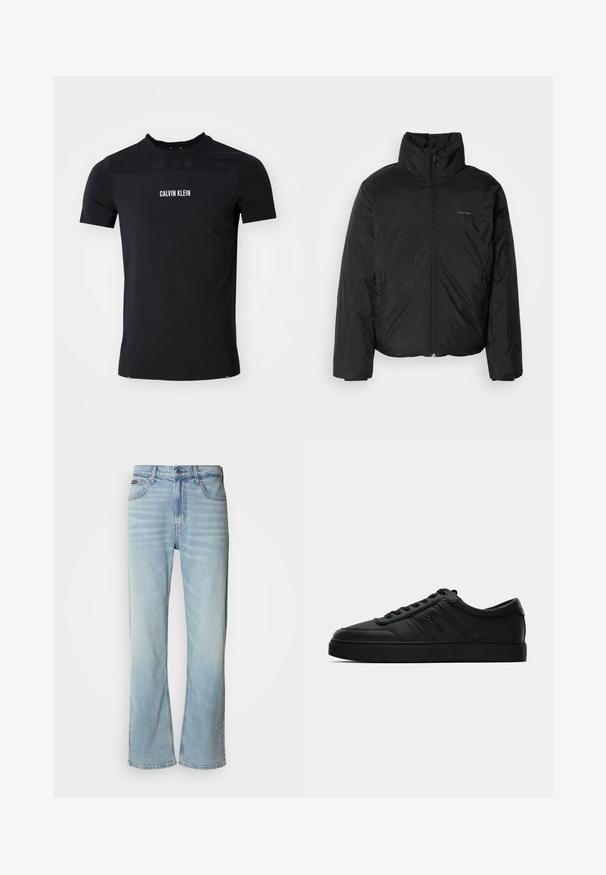 Črna puffer jakna z visokim ovratnikom, zadrgo spredaj in stranskimi žepi. Gladka, sijoča tekstura z minimalnim logotipom na prsih.; Črna kratkosrčna atletska majica s mrežnim zgornjim delom na prsih in belim logotipom "Calvin Klein" natisnjenim na sredini prsnega dela.; Svetlo modri kavbojki z ravnim krojem, ki vključujejo pet žepov, zapiranje na gumb in rahlo zbledelo tkanino.; Črne usnjene športne copate z nizkim profilom, okroglo konico, ravnim črnim podplatom in tonarnim šivanjem. Imajo gladko teksturo in minimalne blagovne znamke.