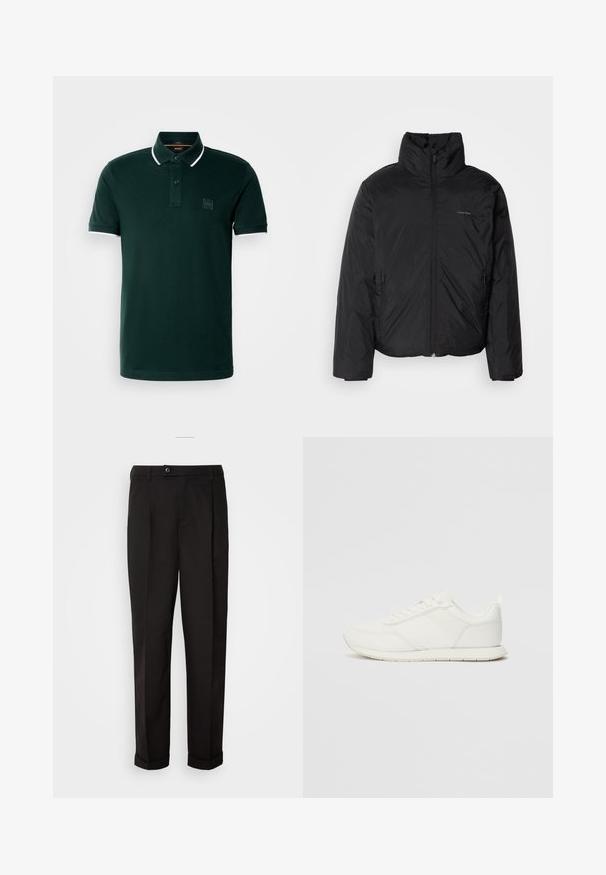 Melnā pūkainā jaka ar augstu apkakli, ar rāvējslēdzēju priekšpusē un sānu kabatām. Gluda, spīdīga tekstūra ar minimālu logotipu uz krūtīm.; Tumši zaļš polo krekls, izgatavots no kokvilnas. Tam ir divu pogu plāksne, baltas detaļas uz apkakles un piedurknēm, kā arī logo uzlīme uz krūtīm.; Melnas bikses ar gludu tekstūru, diviem priekšējiem kabatām, taisnas griezuma un ar vienu pogu vidukļa daļā.; Baltie sporta apavi ar mežģīņu un sintētisko augšdaļu, apaļu purngalu, plakanu mežģīņu un teksturētu sānu joslu. Gumijas zole ar cilpu aizmugurē.