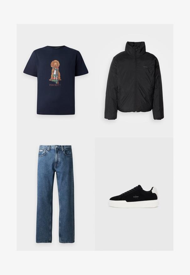 Čierna bundy s kapucňou, s vysokým golierom, so zipsom vpredu a bočnými vreckami. Hladká, lesklá textúra s minimálnym logom na hrudi.; Námornícky bavlnený tričko s grafikou sediaceho psa v patterned šatke; "HACKETT" tlačené pod dizajnom na červeno.; Modré džíny s rovnými nohavicami a vysokým pásom, so zapínaním na gombík a zips, prednými vreckami a malou bielou značkovou nálepkou na pravom vrecku.; Čierne nízke tenisky s bielou podrážkou a pätkou, šnurovací predok a logo Calvin Klein na boku.