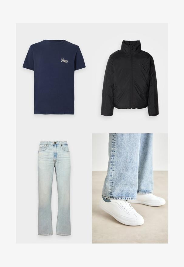 Schwarze Daunenjacke mit hohem Kragen, Reißverschluss auf der Vorderseite und Seitentaschen. Glatte, glänzende Textur mit einem minimalen Logo auf der Brust.; HimmelblauesT-Shirt mit kurzen Ärmeln und kleinem weißen "Guess Los Angeles, CA" Logo auf der linken Brust vor weißem Hintergrund.; Helle blaue Denim-Jeans mit hoher Taille, geradem Beinanschnitt und sanften Verwaschungen. Verfügt über fünf Taschen und einen Metallknopfverschluss.; Weiße Sneaker aus glattem Material, mit Schnürdesign, strukturiertem Gummisohle und einem türkisfarbenen Akzent an der Ferse, kombiniert mit hellblauen Jeans.