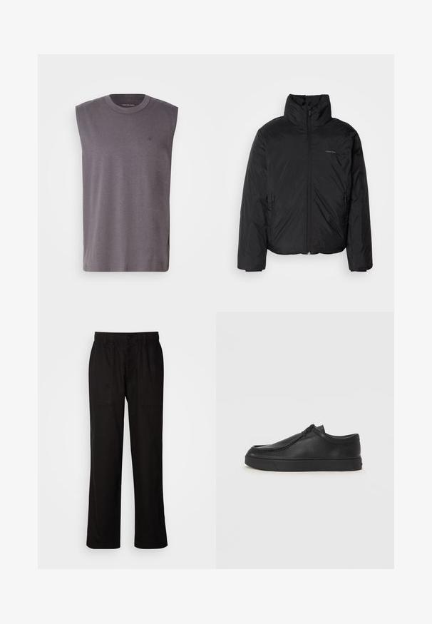 Svart pufferjakke med høy krage, glidelås foran og sidelommer. Glatt, blank tekstur med en minimal logo på brystet.; Sømløs grå tanktop laget av myk bomullsblanding, med rund hals og subtilt logo på brystet. Glatt tekstur, avslappet passform.; Svart bukser med avslappet passform, laget av lett stoff. Har elastisk midjebånd, knapplukking og to frontlommer.; Sorte skinnsko uten snøring med rund tå, sydd detaljer og svart gummisåle. Glatt tekstur med minimalistisk design.