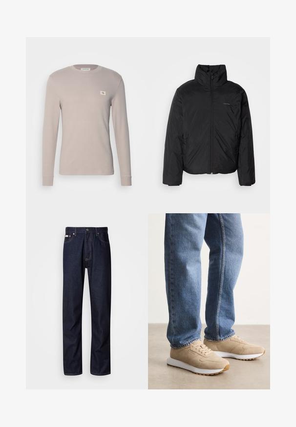 Zwarte pufferjack met een hoge kraag, rits aan de voorkant en zijzakken. Gladde, glanzende textuur met een minimalistisch logo op de borst.; Lichtbeige lange mouw T-shirt met een geribbelde textuur, ronde halslijn en een merklabel op de borst. Slim-fit ontwerp met aansluitende manchetten.; Donkerblauwe denim jeans met een rechte snit, voorzien van een knoopsluiting, vijf zakken en contrasterende stiksels.; Beige suède sneakers met een gestructureerd oppervlak, witte tussenzool en rubberen zool, gedragen met blauwe denim jeans.