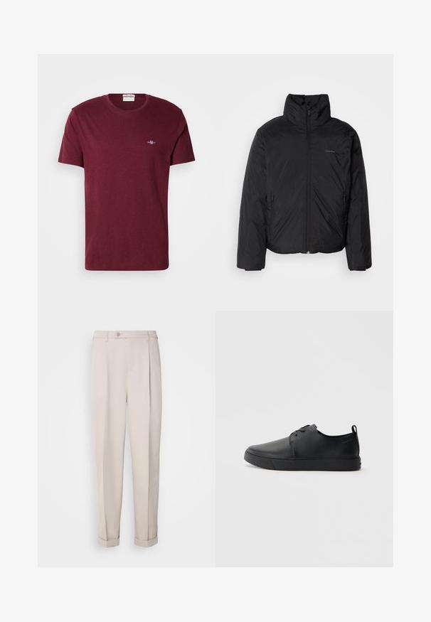 Giubbotto imbottito nero con colletto alto, chiusura a zip frontale e tasche laterali. Tessuto liscio e lucido con un logo minimale sul petto.; T-shirt corto a maniche corte color bordeaux con piccolo logo GANT ricamato in bianco sul lato sinistro del petto.; Pantaloni beige realizzati in tessuto morbido, caratterizzati da una vestibilità dritta, piega singola e orli arrotolati. Include una chiusura frontale con bottone.; Sneaker in pelle nera con finitura liscia, punta arrotondata, cuciture tono su tono, chiusura con lacci frontale e suola piatta in gomma. Anello sul tallone.