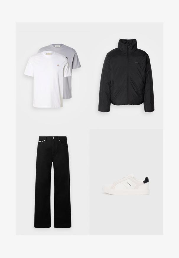 Casaco puffer preto com colarinho alto, fecho de correr na frente e bolsos laterais. Textura suave e brilhante com um logótipo minimalista no peito.; Duas t-shirts de manga curta: uma branca e uma cinza claro. Ambas têm gola redonda, são de material de algodão e possuem um pequeno logo à frente.; Calças de ganga pretas com um design de pernas largas, apresentando cinco bolsos e fechos metálicos. Textura suave, sem padrões visíveis.; Sapatilhas brancas com detalhes em rosa claro e preto, apresentando painéis de couro liso e camurça, biqueira redonda e sola de borracha plana.