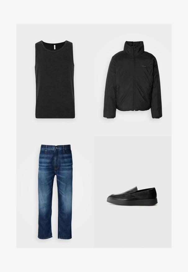 Czarna kurtka puchowa z wysokim kołnierzem, zapięciem na zamek z przodu i kieszeniami po bokach. Gładka, błyszcząca tekstura z minimalistycznym logo na klatce piersiowej.; Czarny bawełniany top na ramiączkach z okrągłym dekoltem, bez rękawów i gładką fakturą. Posiada prosty i klasyczny krój.; Granatowe dżinsy o prostych nogawkach z delikatnym wyblaknięciem na udach i zapięciem na guzik w pasie, zaprezentowane na białym tle.; Calvin Klein HYBRID CUP czarny
