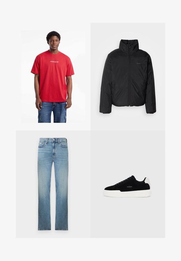 Črna puffer jakna z visokim ovratnikom, zadrgo spredaj in stranskimi žepi. Gladka, sijoča tekstura z minimalnim logotipom na prsih.; Rdeča bombažna majica s kratkimi rokavi in okroglim izrezom, ki na sprednji strani nosi bel logotip "GUESS JEANS", kombinirana z denim kratkimi hlačami.; Svetlo modre kavbojke iz jeansa s pravim krojem hlačnic, z zasnovo s petimi žepi in bledenim zaključkom. Imajo zadrgo s gumbi in zanke za pas.; Črne nizke superge z belim podplatom in petnim trakom, vezalne spredaj, z logotipom Calvin Klein na strani.