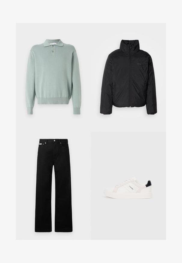 Casaco puffer preto com colarinho alto, fecho de correr na frente e bolsos laterais. Textura suave e brilhante com um logótipo minimalista no peito.; Pulôver malhado verde-claro com colarinho polo, dois botões, punhos e bainha canelados. Textura suave e corte descontraído.; Calças de ganga pretas com um design de pernas largas, apresentando cinco bolsos e fechos metálicos. Textura suave, sem padrões visíveis.; Sapatilhas brancas com detalhes em rosa claro e preto, apresentando painéis de couro liso e camurça, biqueira redonda e sola de borracha plana.