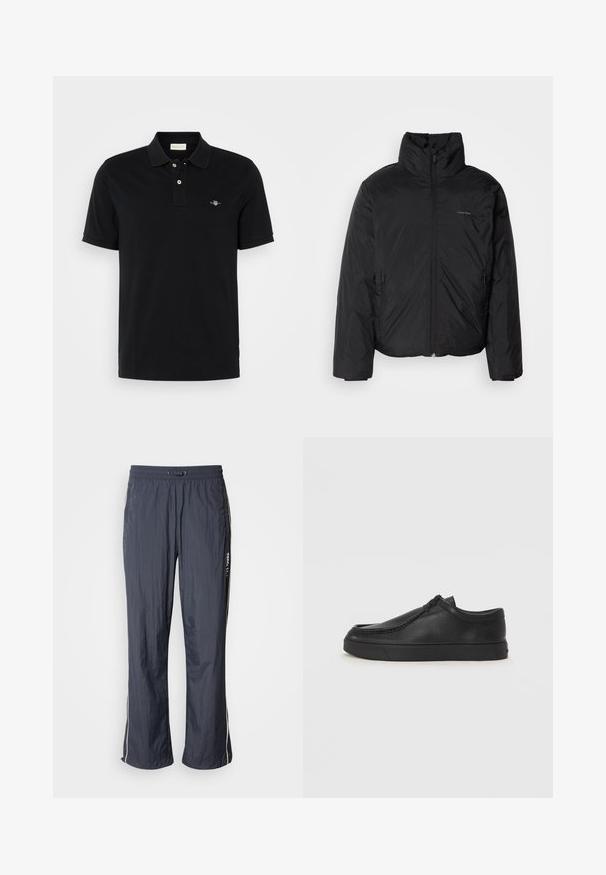 Juoda pūkinė striukė su aukštu apykakle, užtrauktuku priekyje ir šoninėmis kišenėmis. Lygus, blizgus paviršius su minimaliu logotipu ant krūtinės.; Juodas polo marškinėliai iš medvilnės, turintys klasikinį apykaklę, dviejų mygtukų užsegimą, trumpas rankoves ir mažą siuvinėtą logotipą krūtinėje.; Tamsiai mėlynos lengvos treniruočių kelnės su elastingu juosmeniu, šoninėmis kišenėmis ir baltomis akcentinėmis juostelėmis šonuose. Lygus paviršius.; Juodos odinės supjamintus batelius su apvaliu pirštu, siuvinėtu akcentu ir juodu guminiu padu. Lygus tekstūra su minimalistišku dizainu.