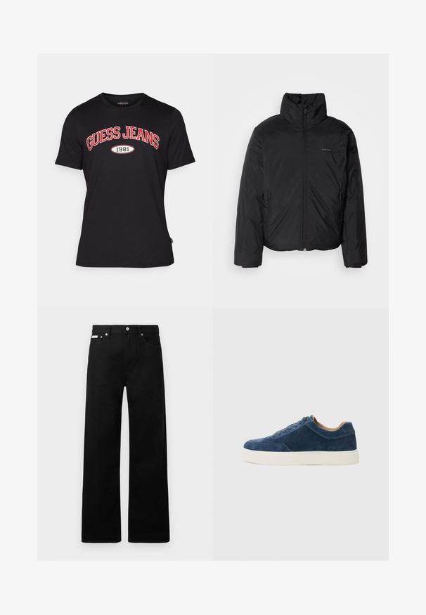 Must musträkk, millel on kõrge krae, lukuga ees ja küljetaskud. Sile, läikiv tekstuur ja minimaalne logo rinnal.; Musta puuvillane T-särk lühikeste varrukatega, millel on silmatorkav punane "GUESS JEANS" logo ja "1981" valges ümmarguses graafilises detailis.; Mustadest denimist püksid laiade jalgadega, viie tasku ja metallist nööpidega. Sile tekstuur, nähtavad mustrid puuduvad.; Sinine sametist tennis, millel on valge kummist tall, nööbid, ümar varvas ja kontrastne pruuni siseosa. Peened õmblusdetailid.