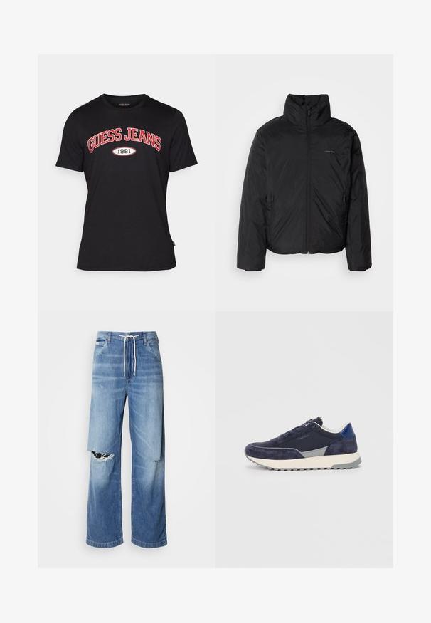 Čierna bundy s kapucňou, s vysokým golierom, so zipsom vpredu a bočnými vreckami. Hladká, lesklá textúra s minimálnym logom na hrudi.; Čierne bavlnené tričko s krátkymi rukávmi, na ktorom je výrazné červené logo "GUESS JEANS" a "1981" v bielej farbe, zaoblený grafický detail.; Svetlomodré džíny s voľným strihom, so bielym šnúrkovým pásom a výraznými roztrhnutiami na prednej strane, ktoré odhaľujú rozstrapkané okraje.; Námornícke modré tenisky s korkovými a textilnými vrchnými materiálmi, šedými akcentmi, bielym stredovým dielom a textúrovanou gumovou podrážkou. Obsahujú uzavretie na šnúrky a logo.