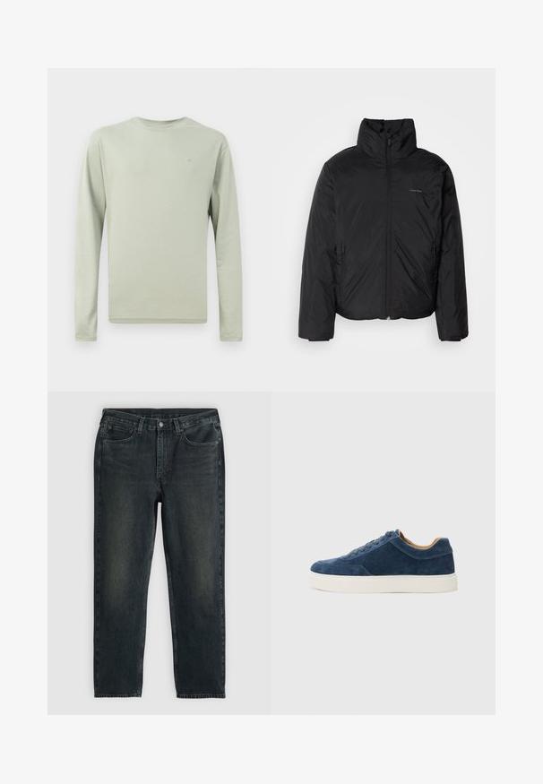 Must musträkk, millel on kõrge krae, lukuga ees ja küljetaskud. Sile, läikiv tekstuur ja minimaalne logo rinnal.; Pikkade varrukatega särk helesinisest kangast. Ümar kaelus, lihtne disain ilma mustriteta. Rinnal väike logo. Pehme, siledapinnaline tekstuur.; Tumed sinised denim teksad sirgete sääremõõtudega, viie tasku, lukuga ja kontrastsetes õmblustes. Kanga peal on õrn kulumine.; Sinine sametist tennis, millel on valge kummist tall, nööbid, ümar varvas ja kontrastne pruuni siseosa. Peened õmblusdetailid.