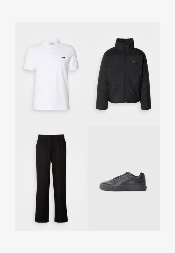 Black puffer jacket with a high collar, zipper front, and side pockets. Smooth, shiny texture with a minimal logo on the chest.; White cotton polo shirt with a classic collar, short sleeves, and a small black Calvin Klein logo on the left chest.; Black pants with a relaxed fit, made from lightweight fabric. Features an elastic waistband, button closure, and two front pockets.; Black leather sneaker with a rounded toe, flat rubber sole, and contrasting stitching. Features a logo on the side and lace-up design.