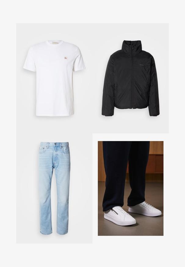 Černá péřová bunda s vysokým límcem, zipovým uzávěrem vpředu a bočními kapsami. Hladká, lesklá textura s minimálním logem na hrudi.; Bílé bavlněné tričko s krátkými rukávy, kulatým výstřihem a malým vyšitým logem na hrudi. Hladká textura, základní design.; Světle modré džíny s rovnou nohavicí, s vybledlými částmi, pěti kapsami a klasickým zapínáním na knoflík.; Bílé tenisky s hladkým koženým povrchem, plochou podrážkou a šněrovacím designem. Boční zipový detail dodává funkčnost. Vybaveny tmavými tepláky.