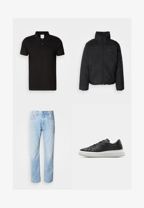 Fekete puffermellény magas gallérral, cipzáros elülső résszel és oldalsó zsebekkel. Simább, fényes textúra, minimális logóval a mellkason.; Fekete póló, sima anyagból, klasszikus gallérral. Két gomb található a nyaknál, rövid ujjú, és egy diszkrét logóval a mellkasán.; Világoskék farmernadrág egyenes fazonnal, kopott részletekkel, öt zsebes kialakítással és klasszikus gombos zipzárral.; Fekete bőr sportcipő sima felülettel, fehér gumitalppal, lekerekített formával, hat fűzőlyukkal, és diszkrét logóval a sarkán.