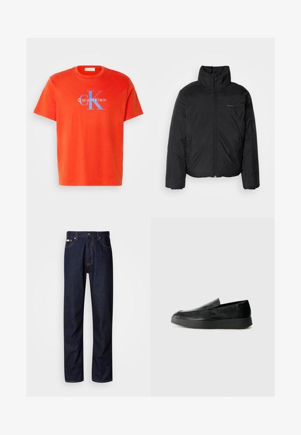Jachetă pufă neagră cu guler înalt, fermoar frontale și buzunare laterale. Textură netedă și strălucitoare, cu un logo minim pe piept.; Tricou roșu din bumbac, cu mâneci scurte, având un logo albastru "Calvin Klein" și un design "CK" pe partea din față. Guler simplu tip crew.; Blugi din denim de culoare albastru închis, cu un design drept, având un sistem de închidere cu nasturi, cinci buzunare și detalii de cusătură contrastante.; Calvin Klein HYBRID CUP - Pantofi slip-on - triple black