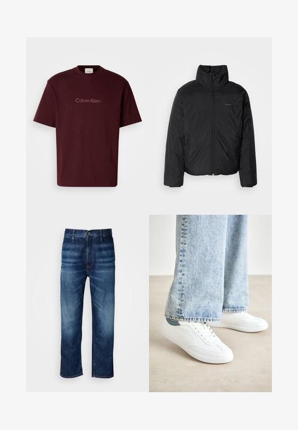 Černá péřová bunda s vysokým límcem, zipovým uzávěrem vpředu a bočními kapsami. Hladká, lesklá textura s minimálním logem na hrudi.; Burgundské bavlněné tričko s kulatým výstřihem, krátkým rukávem a jemným logem Calvin Klein v světle růžové barvě uprostřed. Hladká textura.; Tmavě modré džíny rovného střihu s jemným vyblednutím na stehnech a zapínáním na knoflík v pase, vystavené na bílém pozadí.; Bílé tenisky s hladkým materiálem, šněrovacím designem, texturovanou gumovou podešví a tyrkysovým akcentem na patě, v kombinaci se světle modrými džíny.
