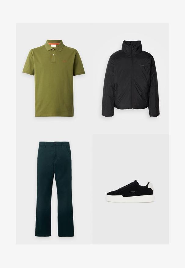 Zwarte pufferjack met een hoge kraag, rits aan de voorkant en zijzakken. Gladde, glanzende textuur met een minimalistisch logo op de borst.; Olivengroene polo shirt van katoen, voorzien van een knoopsluiting met drie knopen, korte mouwen en een geborduurd rood logo op de borst.; Donkergroene rechte broek met riemlussen, zijzakken en een knoopsluiting op een effen witte achtergrond.; Zwarte lage sneaker met witte zool en hielstrip, vetersluiting aan de voorkant en Calvin Klein-logo op de zijkant.