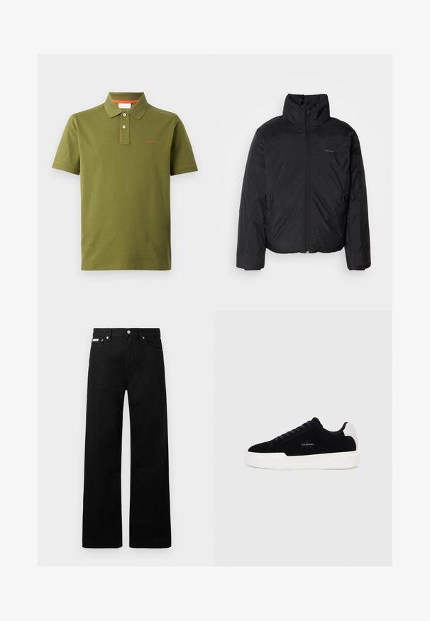 Casaco puffer preto com colarinho alto, fecho de correr na frente e bolsos laterais. Textura suave e brilhante com um logótipo minimalista no peito.; Pólo verde-oliva feito de algodão, com uma pala de três botões, mangas curtas e um logótipo bordado em vermelho no peito.; Calças de ganga pretas com um design de pernas largas, apresentando cinco bolsos e fechos metálicos. Textura suave, sem padrões visíveis.; Sapatilha preta de cano baixo com sola e aba do calcanhar brancas, com atacadores à frente e logotipo da Calvin Klein na lateral.