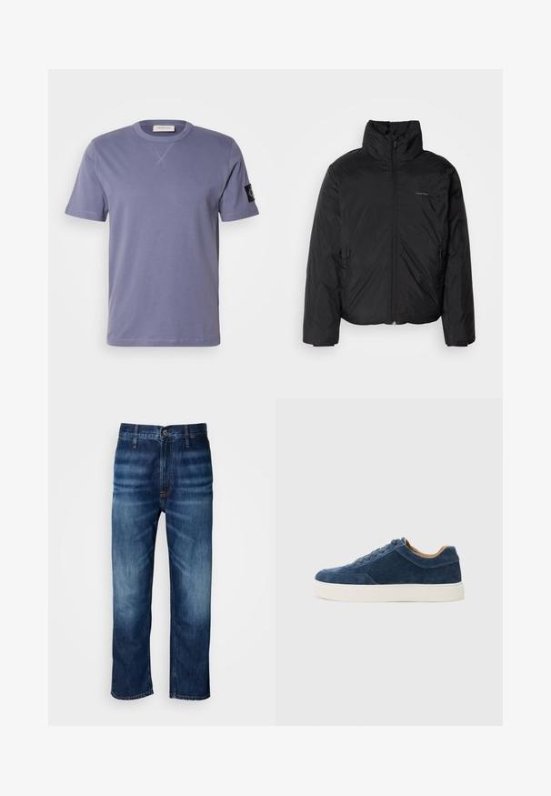 Černá péřová bunda s vysokým límcem, zipovým uzávěrem vpředu a bočními kapsami. Hladká, lesklá textura s minimálním logem na hrudi.; Tričko s krátkým rukávem a kulatým výstřihem v levandulové barvě vyrobené z bavlny, s malou černou nášivkou na levém rukávu a kontrastním šitím.; Tmavě modré džíny rovného střihu s jemným vyblednutím na stehnech a zapínáním na knoflík v pase, vystavené na bílém pozadí.; Modré semišové tenisky s bílou gumovou podrážkou, šněrovací design, zaoblená špička a kontrastní hnědý vnitřek. Jemné detaily šití.