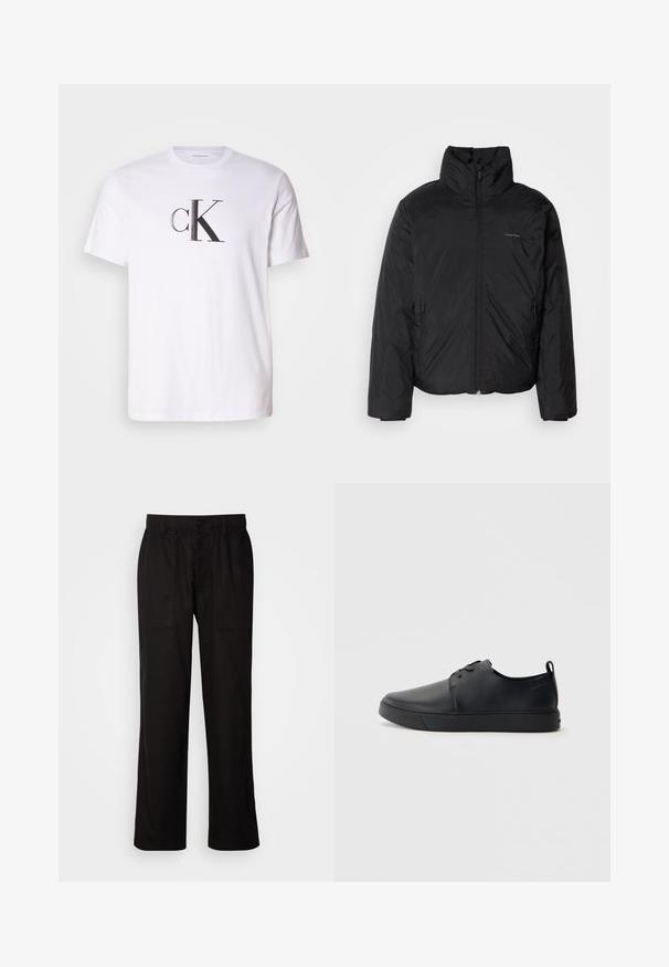 Black puffer jacket with a high collar, zipper front, and side pockets. Smooth, shiny texture with a minimal logo on the chest.; White cotton t-shirt featuring a prominent black 'cK' logo in a bold font on the front. Short sleeves with a classic crew neckline.; Black pants with a relaxed fit, made from lightweight fabric. Features an elastic waistband, button closure, and two front pockets.; Black leather sneaker with a smooth finish, rounded toe, tonal stitching, lace-up front, and a flat rubber sole. Loop at the heel.